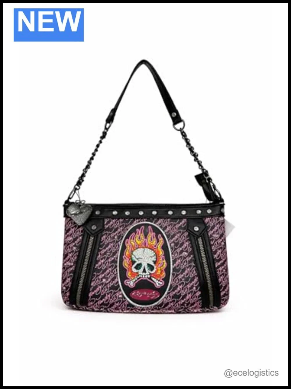 ED HARDY Skull Flame Y2K Shoulder Bag Chain Strap Satchel Polyester